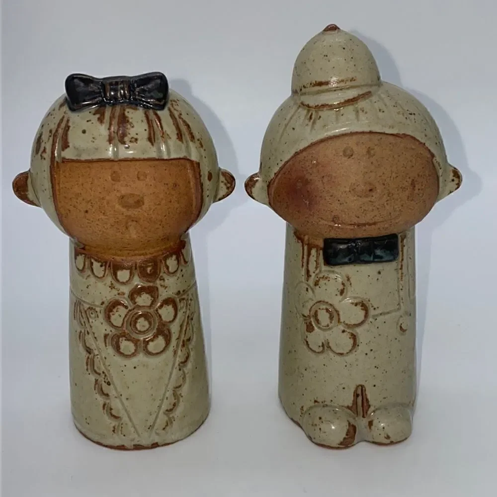 Vintage Rare Pottery Salt and Pepper Pot Figurine Asian Boy and Girl